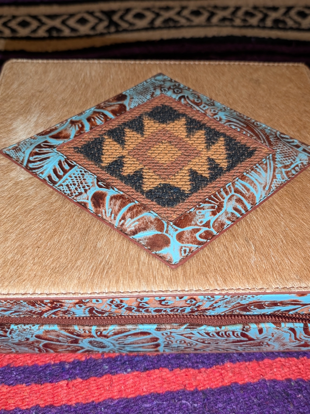 Myra Bag Turquoise and Tan Cowhide Embossed Leather Jewelry Box